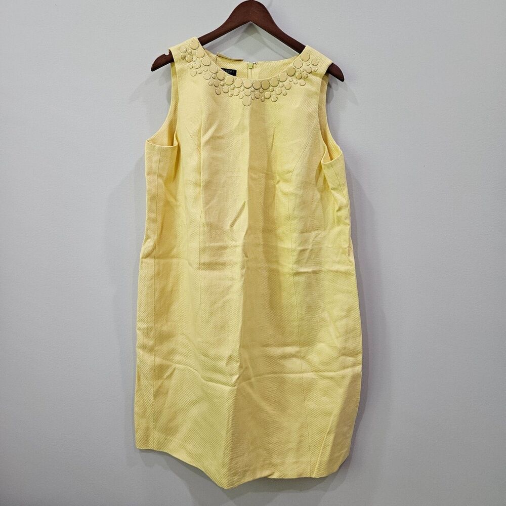 Talbots Women Tweed Linen Sheath Dress Petite 18WP Yellow Sleeveless Embellished